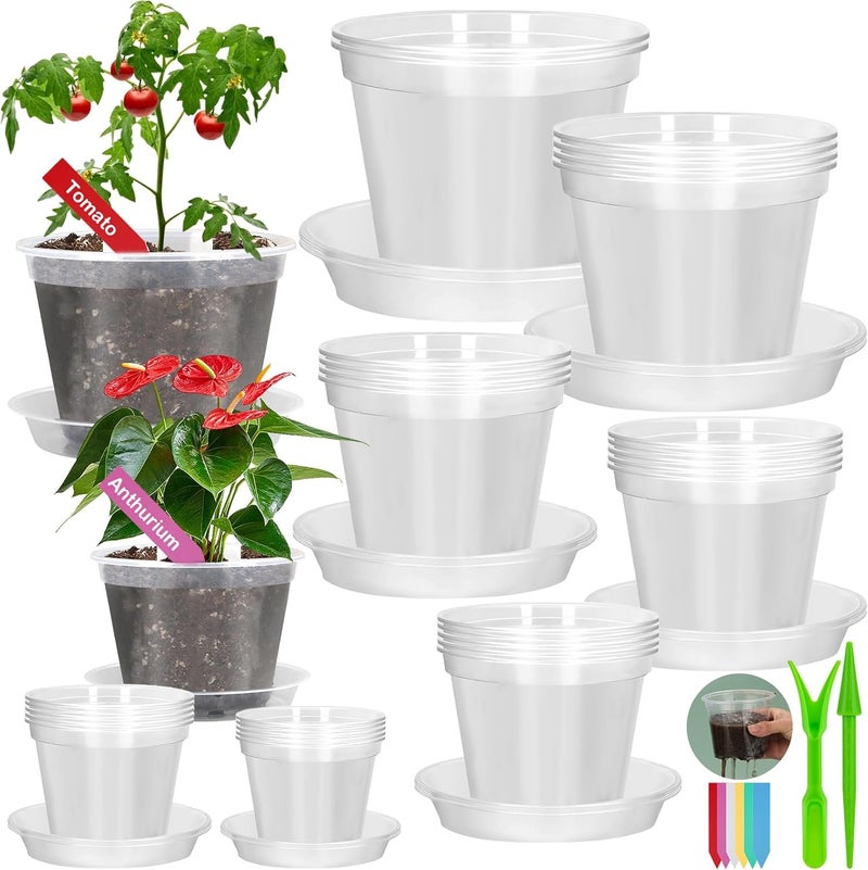 Jollidecor 30Pcs Clear Plastic Nursery Pots with Drainage Holes and Saucers, 2.8/3.1/3.5/3.9/5.1/5.9/7.1Inch Seedling Starter Pots with Tool for Indoor Outdoor Gardening Flower, Herb, Succulent Transplanting - Image 1